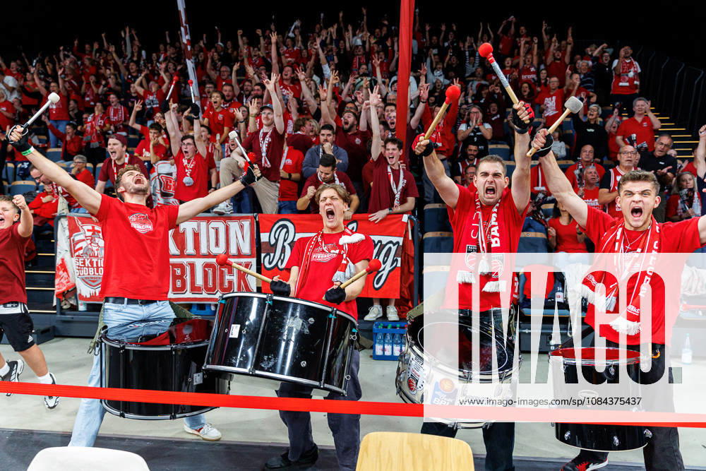 Fan, fans, spectators, cheering, cheers, positive emotions, positive emotion, symbolic image, symbolic photo, themed photo, themed image, drum, drummer, BMA365 Bamberg Baskets vs. Syntainics MBC, basketball, easyCredit BBL, Matchday 5, October 10, 2026 BMA365 Bamberg Baskets vs. Syntainics MBC, basketball, easyCredit BBL, Matchday 5, October 10, 2026 Bamberg