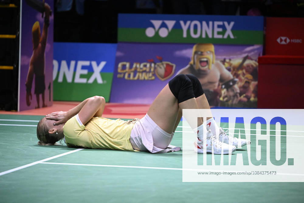 Mia Blichfeldt of Denmark reacts after winning women s singles match against Ratchanok Intanon of Thailand (not pictured) during the finals at the badminton Clash of Clans Arctic Open 2026 tournament in Vantaa, Finland, on October 11, 2026. - ANTTI AIMO-KOIVISTO Finland HS4MX6NEJ7A