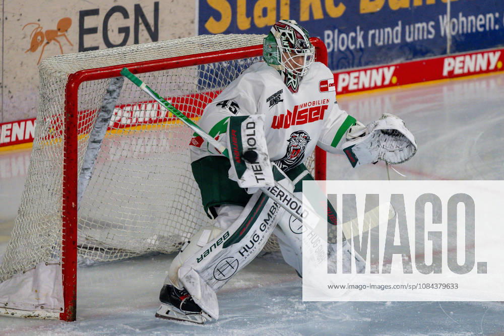 Tobias Ancicka of the Augsburger Panther, No. 45, blocks the puck with his pad. Krefeld Pinguine vs. Augsburger Panther, ice hockey, Penny DEL, Matchday 8, 2026–2027 season, October 11, 2026, Krefeld Pinguine vs. Augsburger Panther, ice hockey, Penny DEL, Matchday 8, 2026–2027 season, October 11, 2026, Krefeld