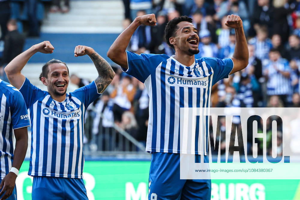 Goal celebration: Scorer Emmanuel Iyoha (1. FC Magdeburg, 8) scores to make it 2–0 with Baris Atik (1. FC Magdeburg,23 2 Bundesliga Season 2026–2027: 1 FC Magdeburg vs. Hannover 96 at the Avnet Arena in Magdeburg; Action, Soccer, Man, Men, Germany
