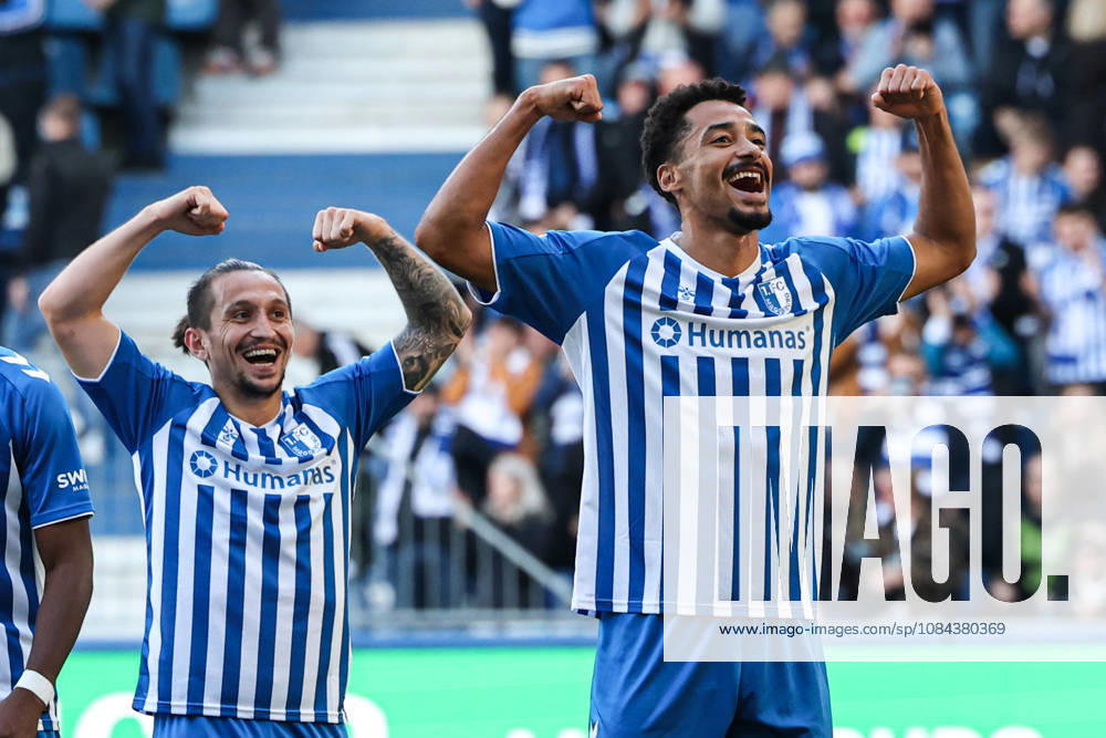 Goal celebration: Scorer Emmanuel Iyoha (1. FC Magdeburg, 8) scores to make it 2–0 with Baris Atik (1. FC Magdeburg,23 2 Bundesliga Season 2026–2027: 1 FC Magdeburg vs. Hannover 96 at the Avnet Arena in Magdeburg; Action, Soccer, Man, Men, Germany