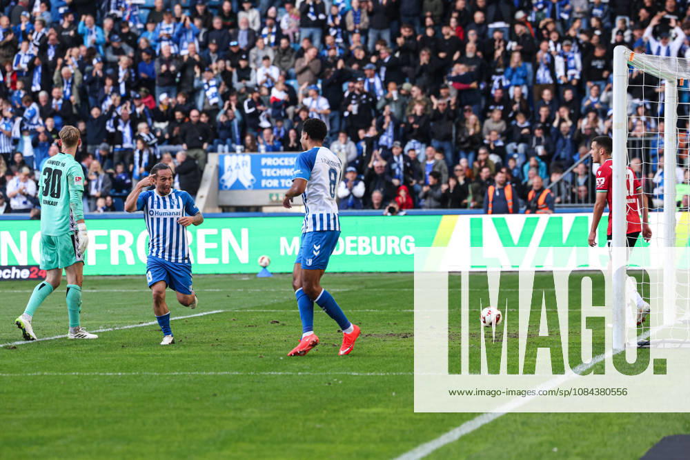 Goal celebration: Scorer Emmanuel Iyoha (1 FC Magdeburg, 8) scores to make it 2–0 with Baris Atik (1 FC Magdeburg,23 2 Bundesliga Season 2026–2027: 1 FC Magdeburg vs. Hannover 96 at the Avnet Arena in Magdeburg; Action, Soccer, Man, Men, Germany