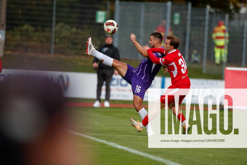 Left: Patrick Kapp (Aue) vs. Felix Heim (Greifswald), GER; Greifswalder FC vs. FC Erzgebirge Aue; Soccer; Men; Northeast Regional League; Matchday 12; 2026–2027 Season; October 11, 2026, Greifswald Volksstadion, Mecklenburg-Western Pomerania, Germany
