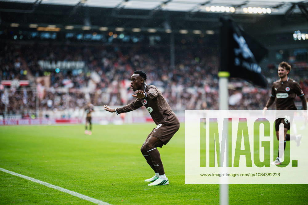 2. Bundesliga: FC St. Pauli vs. Karlsruher SC, October 11, 2026 – Goal, celebration by Abdoulie Ceesay (FC St. Pauli), 9–1 Soccer, 2. Bundesliga, Matchday 7: FC St. Pauli vs. Karlsruher SC on October 11, 2026, at Millerntor Stadium, Hamburg. DFL regulations prohibit any use of photographs as image sequences and or quasi-video.