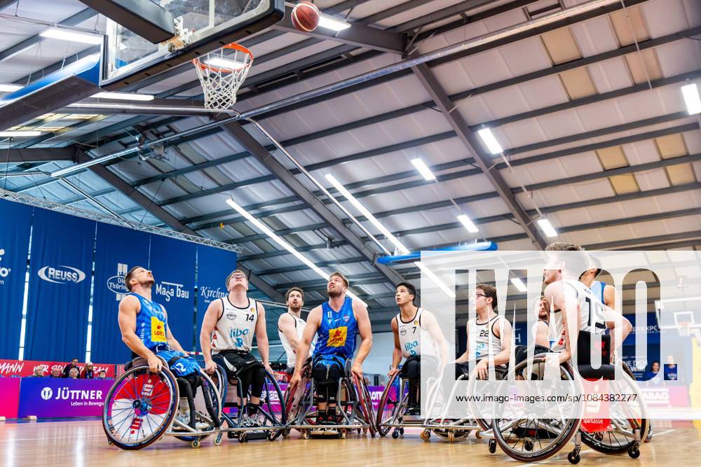 GER, Wheelchair Basketball, Men s and Women s, Season 26–27, Funke Cup, Regular Season, Thuringia Bulls, Spinto Münsterland, Jens Eike Albrecht (Thuringia Bulls), Fabian Jansen (Spinto Münsterland), Alexander Budde (Thuringia Bulls), Ilias El Bennay (Spinto Münsterland), Joel Schroeder (Spinto Münsterland), Janne Kraehe, Spinto Münsterland, 99189 Elxleben, Fit In Recreation Center, Sports Hall, Thuringia, Germany