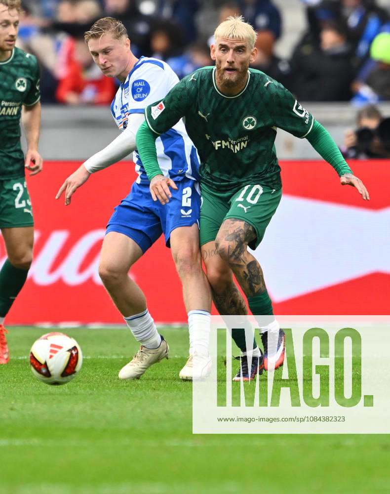 Soccer Season 2026–2027, Matchday 2, Bundesliga, Hertha BSC Berlin vs. SpVgg Greuther Fürth (Kleeblatt), Sports photo by Zink . DFL regulations prohibit any use of photographs as image sequences and or quasi-video. for editorial use only. Julian Eitschberger 2, Hertha BSC; Ole Pohlmann 10, SpVgg Greuther Fürth