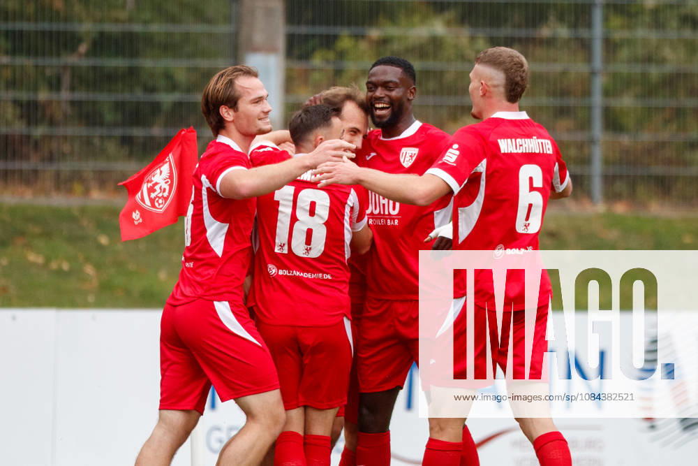 Goal celebration 1-0 (from left to right): Janis Juckel (Greifswald), Marcus Niemitz (Greifswald), goal scorer Felix Heim (Greifswald), Mcmoordy Hüther (Greifswald), and Lukas Walchhütter (Greifswald), GER; Greifswalder FC vs. FC Erzgebirge Aue; soccer; men’s; Northeast Regional League; Matchday 12; 2026–2027 season; October 11, 2026, Greifswald Volksstadion, Mecklenburg-Western Pomerania, Germany