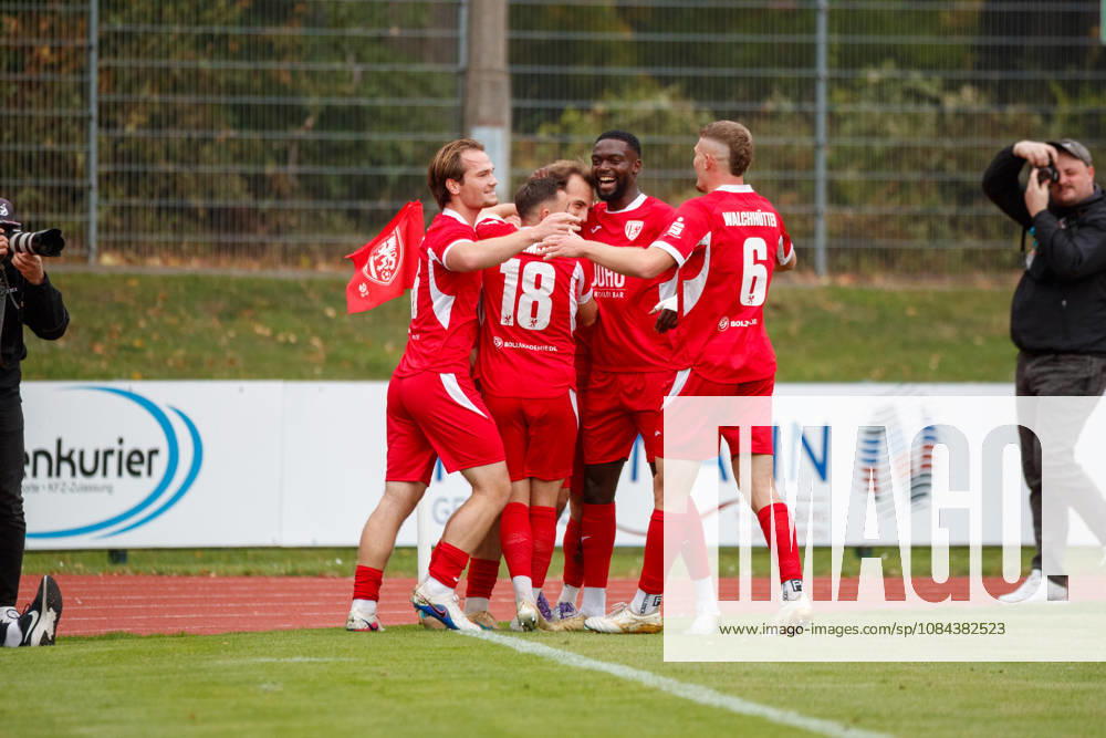 Goal celebration 1-0 (from left to right): Janis Juckel (Greifswald), Marcus Niemitz (Greifswald), goal scorer Felix Heim (Greifswald), Mcmoordy Hüther (Greifswald), and Lukas Walchhütter (Greifswald), GER; Greifswalder FC vs. FC Erzgebirge Aue; soccer; men’s; Northeast Regional League; Matchday 12; 2026–2027 season; October 11, 2026, Greifswald Volksstadion, Mecklenburg-Western Pomerania, Germany