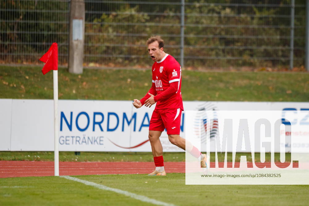 Goal celebration 1–0 by goal scorer Felix Heim, Greifswald, GER; Greifswalder FC vs. FC Erzgebirge Aue; soccer; men s; Regionalliga Nordost; Matchday 12; 2026–2027 season, October 11, 2026, Greifswald Volksstadion, Mecklenburg-Western Pomerania, Germany