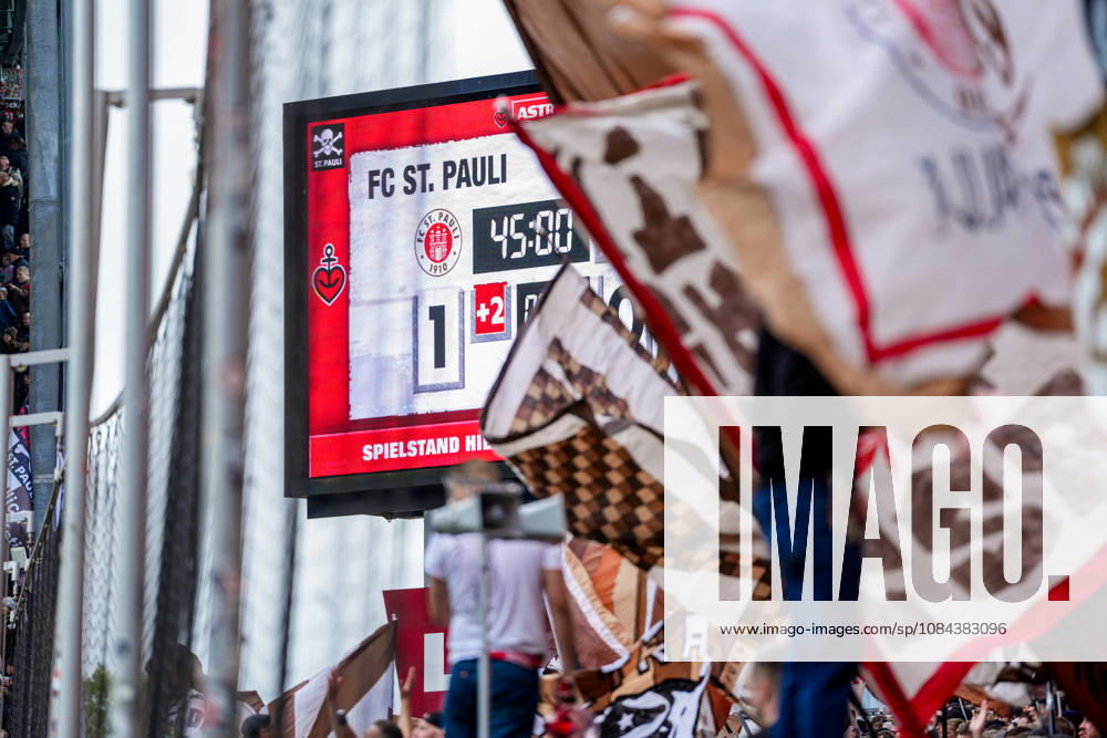 Germany Soccer 2. Bundesliga 2026–27, Matchday 7: FC St. Pauli vs. Karlsruher SC, Millerntor Stadium, Hamburg, St. Pauli South Stand, Ultras, Fans, Flags, Capo, Scoreboard 1–0, 45 minutes