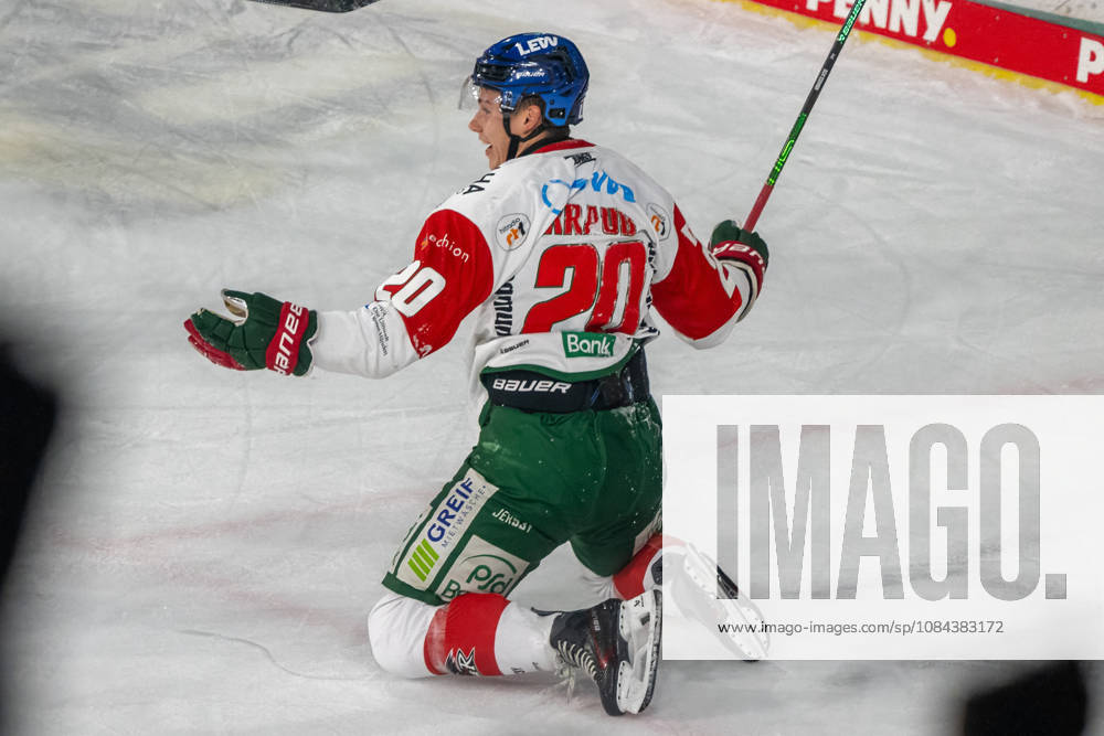 Philipp Krauss of the Augsburger Panther, 20, celebrates scoring a goal to make it 1–0 in the game between the Krefeld Pinguine and the Augsburger Panther, ice hockey, Penny DEL, Matchday 8, 2026–2027 season, October 11, 2026: Krefeld Pinguine vs. Augsburger Panther, Ice Hockey, Penny DEL, Matchday 8, 2026–2027 Season, October 11, 2026, Krefeld