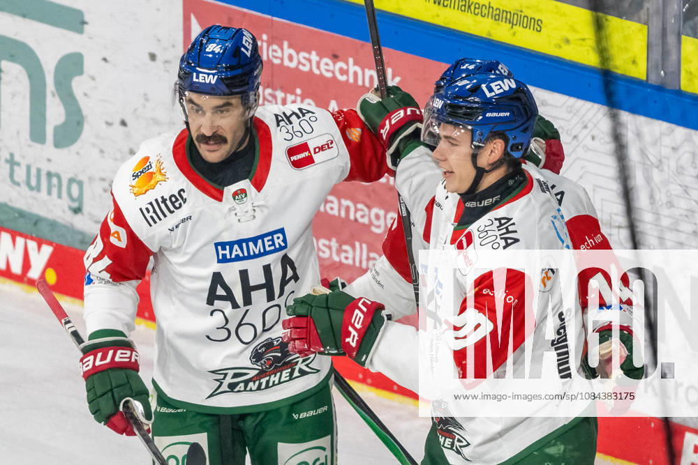 Trevor Parkes (Augsburger Panther, 84), Donald D. J. Busdeker (Augsburger Panther, 14), and Philipp Krauss (Augsburger Panther, 20) celebrate the goal that made the score 1–0 in the game between the Krefeld Pinguine and the Augsburger Panther, ice hockey, Penny DEL, Matchday 8, 2026–2027 season, October 11, 2026: Krefeld Pinguine vs. Augsburger Panther, ice hockey, Penny DEL, Matchday 8, 2026–2027 season, October 11, 2026, Krefeld