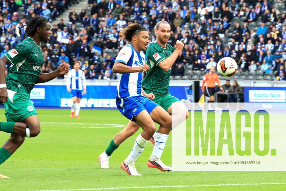 Germany, Soccer, 2. Bundesliga, Matchday, 2026–2027 Season, Berlin Olympic Stadium, Hertha BSC vs. Greuther Fürth Oluwaseum Victor Adewumi Hertha BSC Berlin 19, Jannis Heuer, Greuther Fürth 22, HENDRY BLANK, Greuther Fürth 34. 2. Bundesliga. DFB and DFL regulations prohibit any use of photographs as image sequences and or quasi-video. nordphoto GmbH, Engler, Berlin, Berlin Olympic Stadium, Berlin, Germany