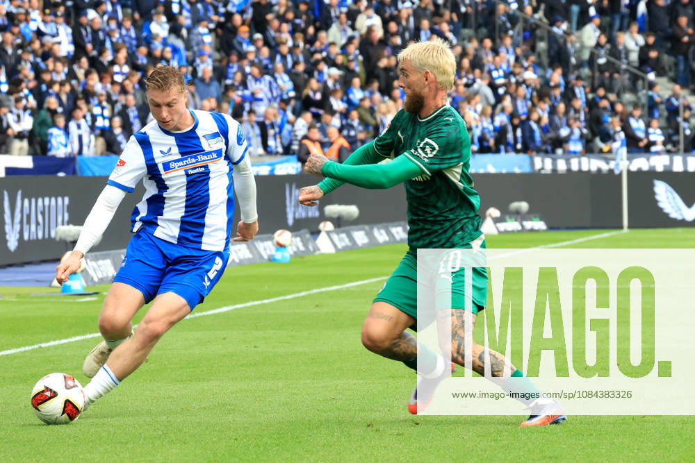 Germany, Soccer, 2. Bundesliga, Matchday, 2026–2027 Season, Berlin Olympic Stadium, Hertha BSC vs. Greuther Fürth, Julian Eitschberger (Hertha BSC Berlin) 2, OLE POHLMANN (Greuther Fürth) 10. 2. League. DFB and DFL regulations prohibit any use of photographs as image sequences and or quasi-video. nordphoto GmbH, Engler, Berlin, Berlin Olympic Stadium, Berlin, Germany