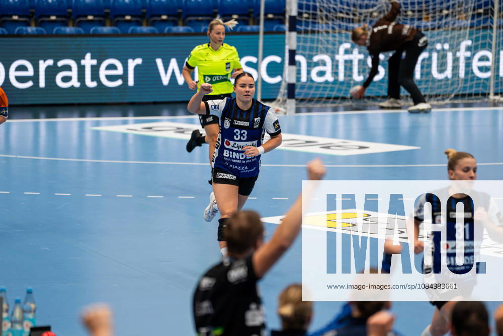 HSG Blomberg Lippe GER vs. Odense Handbold DEN, Handball, EHF Champions League Women, Group Stage, October 11, 2026, 2026–2027 Season, Lemgo’s Elin Magnusdottir of HSG Blomberg Lippe, 33, celebrates after scoring a goal at the Lemgo Phoenix Contact Arena in Germany
