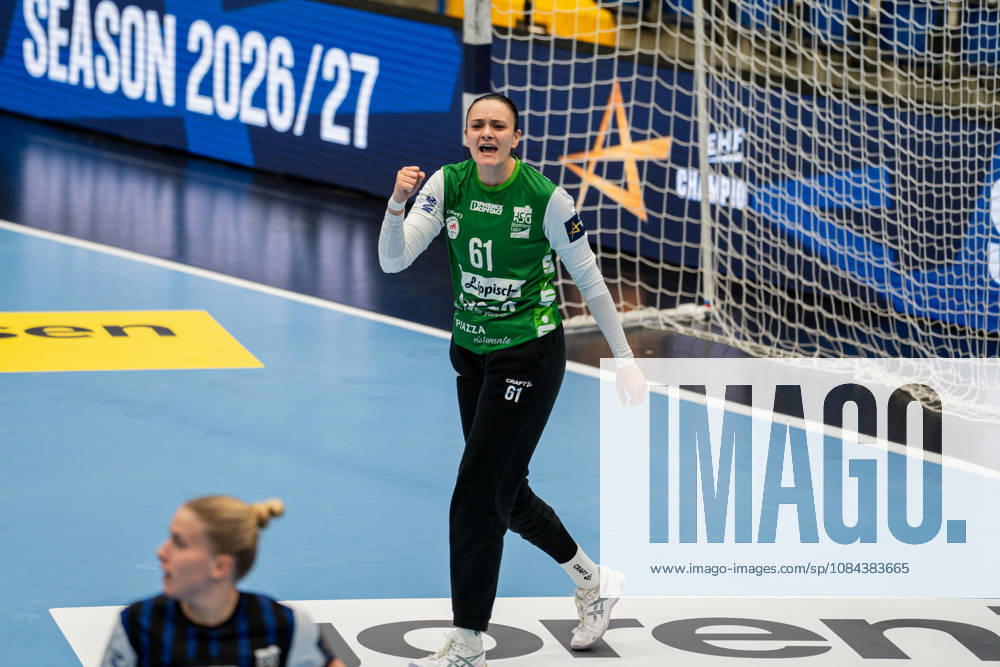 HSG Blomberg Lippe GER vs. Odense Handbold DEN, Handball, EHF Champions League Women, Group Stage, October 11, 2026, 2026–2027 Season, Lemgo’s Nicole Roth of HSG Blomberg Lippe, 61, celebrates after a save at the Lemgo Phoenix Contact Arena in Germany
