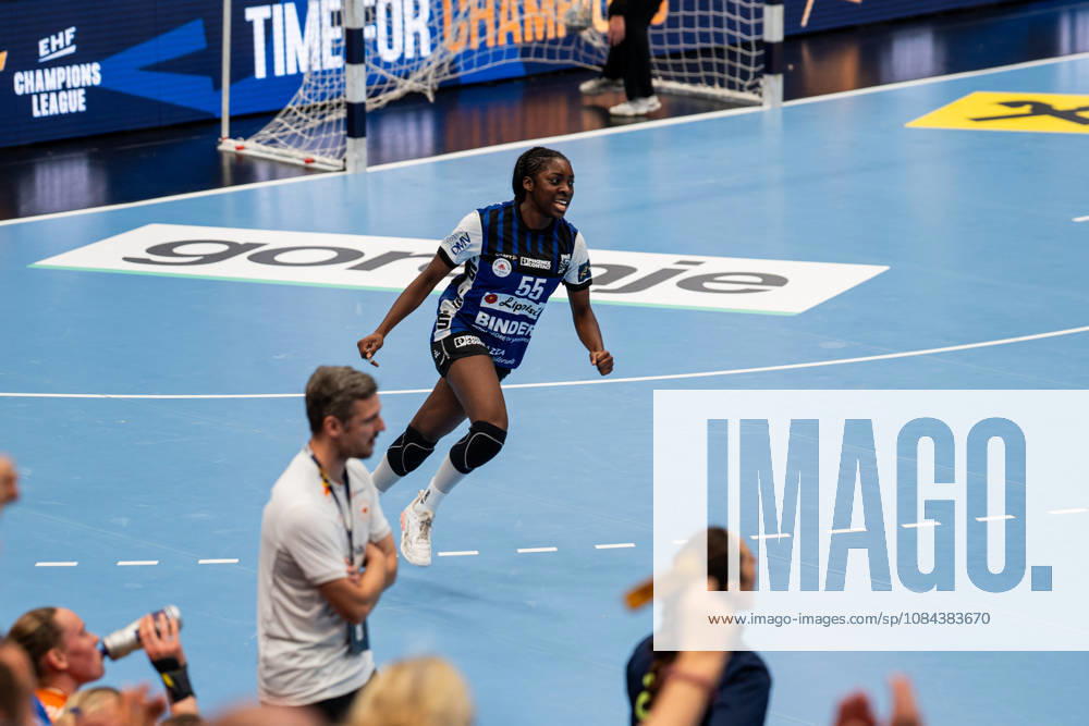 HSG Blomberg Lippe GER vs. Odense Handbold DEN, Handball, EHF Champions League Women, Group Stage, October 11, 2026, 2026–2027 Season, Lemgo’s Farrelle Njinkeu of HSG Blomberg Lippe, 55, celebrates after scoring a goal at the Lemgo Phoenix Contact Arena in Germany