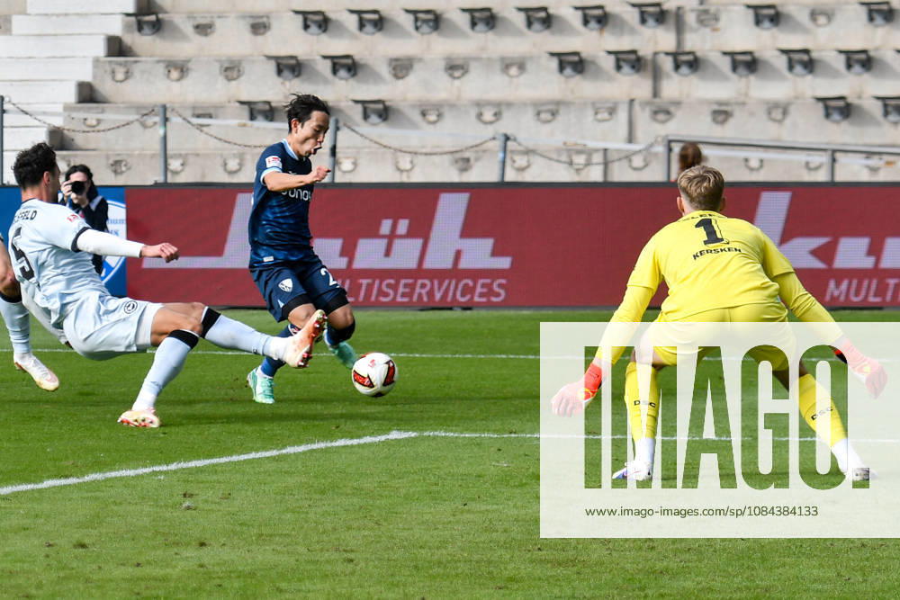 From left: Maximilian Bauer (Bielefeld 5) and Koji Miyoshi (Bochum 23) battling for the ball; Jonas Kersken (Bielefeld 1) 11 10 2026 ¢ Soccer ¢ VfL Bochum vs. DSC Arminia Bielefeld, Vonovia Ruhrstadion, Bochum, DFB DFL REGULATIONS PROHIBIT ANY USE OF PHOTOGRAPHS AS IMAGE SEQUENCES AND OR QUASI-VIDEO NRW Germany