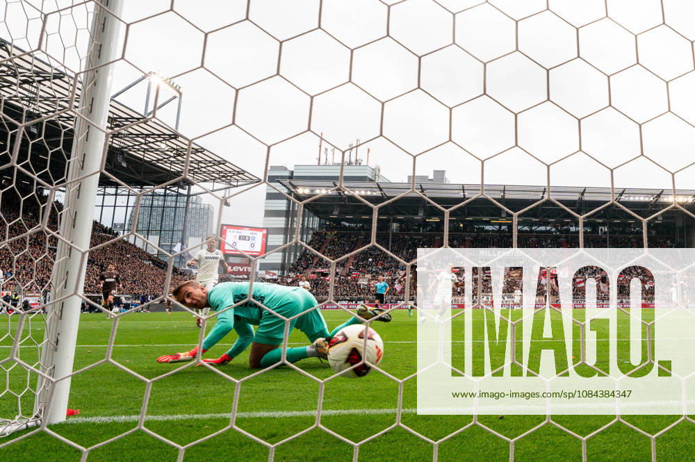 Goalkeeper Ben Voll (FC St. Pauli), No. 01 on the ground, ball in the goal, Abdoulie Ceesay (FC St. Pauli), No. 09, goal making it 1–0, behind-the-goal camera, GER, FC St. Pauli vs. Karlsruher SC, soccer, 2. Bundesliga, Matchday 7, 2026–2027 season, October 11, 2026 DFL regulations prohibit any use of photographs as image sequences and or quasi-video, GER, FC St. Pauli vs. Karlsruher SC, soccer, 2. Bundesliga, Matchday 7, 2026–2027 season, October 11, 2026, Hamburg