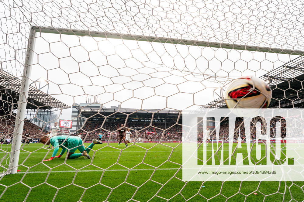 Goalkeeper Ben Voll (FC St. Pauli), No. 01 on the ground, ball in the goal, Abdoulie Ceesay (FC St. Pauli), No. 09, goal making it 1–0, behind-the-goal camera, GER, FC St. Pauli vs. Karlsruher SC, soccer, 2. Bundesliga, Matchday 7, 2026–2027 season, October 11, 2026 DFL regulations prohibit any use of photographs as image sequences and or quasi-video, GER, FC St. Pauli vs. Karlsruher SC, soccer, 2. Bundesliga, Matchday 7, 2026–2027 season, October 11, 2026, Hamburg