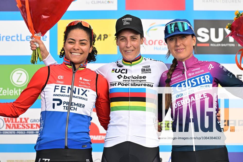 Netherlands Ceylin Del Carmen Alvarado; Netherlands Lucinda Brand and Netherlands Denise Betsema celebrate on the podium after the women elite race of the Mosselcross cyclocross cycling event, on Sunday 11 October 2026, in Dendermonde, the first race (out of 7) of the HG Cross competition. DAVIDxPINTENS x189446782x