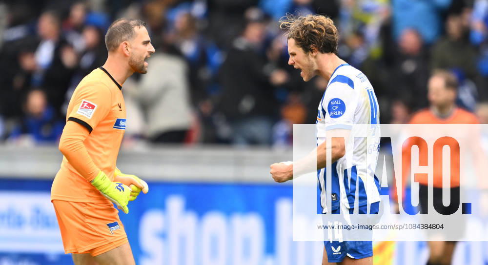 Soccer Season 2026–2027, Matchday 2, Bundesliga, Hertha BSC Berlin vs. SpVgg Greuther Fürth (Kleeblatt), Sports photo by Zink . DFL regulations prohibit any use of photographs as image sequences and or quasi-video. for editorial use only Marius Gersbeck 35, Hertha BSC Linus Gechter 44, Hertha BSC Celebration Joy