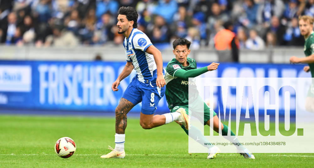 Soccer Season 2026–2027, Matchday 2, Bundesliga, Hertha BSC Berlin vs. SpVgg Greuther Fürth (Kleeblatt), Sports photo by Zink . DFL regulations prohibit any use of photographs as image sequences and or quasi-video; for editorial use only for editorial use only. Kevin Sessa 8, Hertha BSC; Shinta Appelkamp 8, SpVgg Greuther Fürth