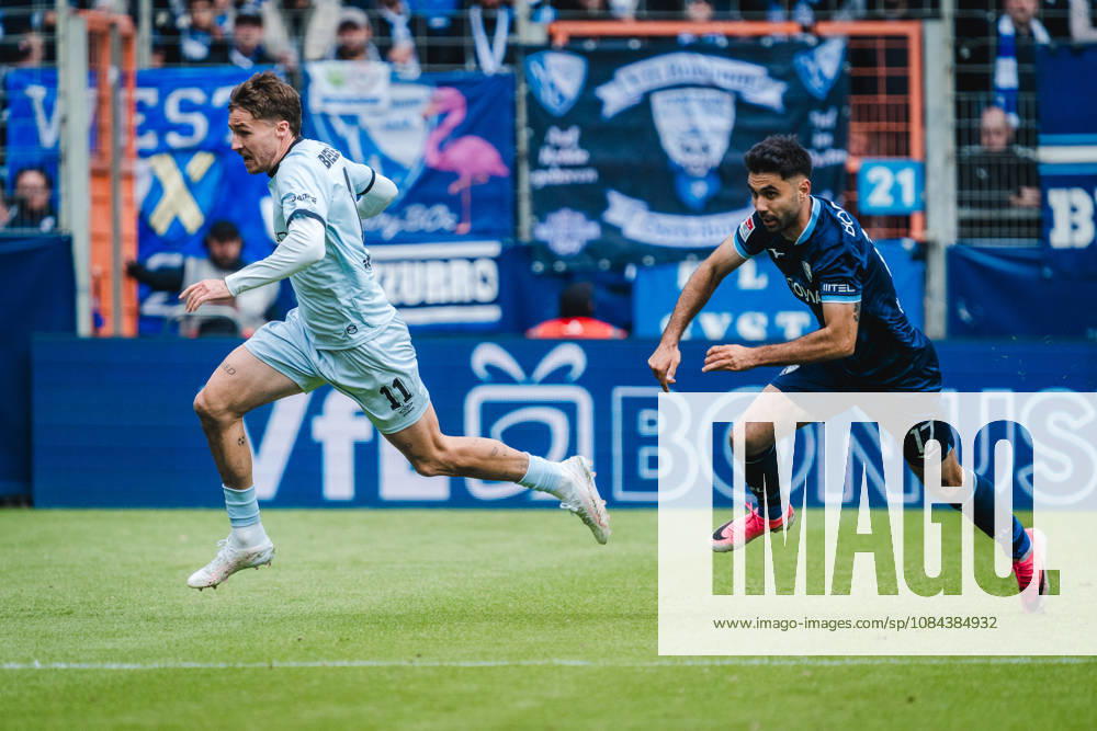 Bochum, Germany October 11, 2026 2. Bundesliga 2026–2027 Matchday 7 VfL Bochum 1848 vs. DSC Arminia Bielefeld Pictured, from left, in a footrace: Joel Grodowski (DSC) and Gerrit Holtmann (BOC). DFL and DFB regulations prohibit any use of photographs as image sequences and or quasi-video Vonovia Ruhrstadion, North Rhine-Westphalia