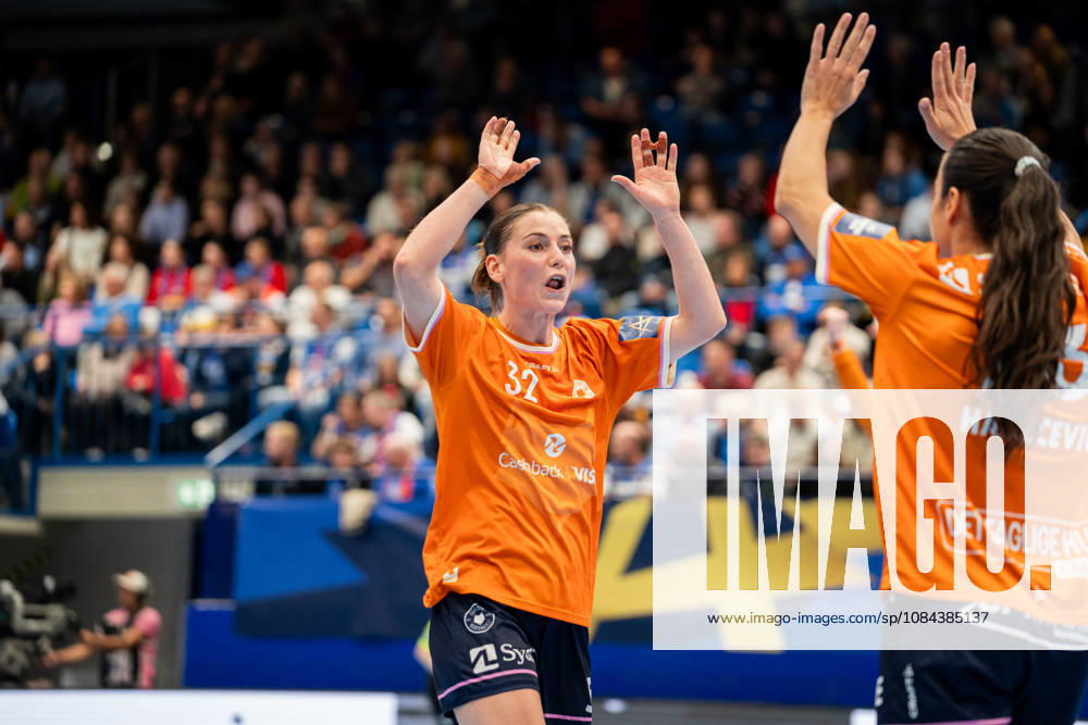 HSG Blomberg Lippe GER vs. Odense Handbold DEN, Handball, EHF Champions League Women, Group Stage, October 11, 2026, 2026–2027 Season, Lemgo, Mie Enggrob, Hojlund, Odense Handbold; 32 celebrates after scoring a goal at the Lemgo Phoenix Contact Arena in Germany