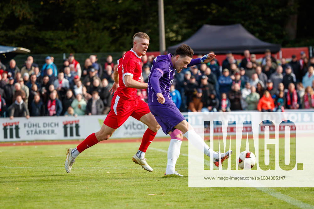 Right-sided shot on goal by Marcel Bär (Aue) against Lukas Walchhütter (Greifswald), GER; Greifswalder FC vs. FC Erzgebirge Aue, Soccer, Men, Northeast Regional League, Matchday 12, 2026–2027 season, October 11, 2026, Greifswald Volksstadion, Mecklenburg-Western Pomerania, Germany