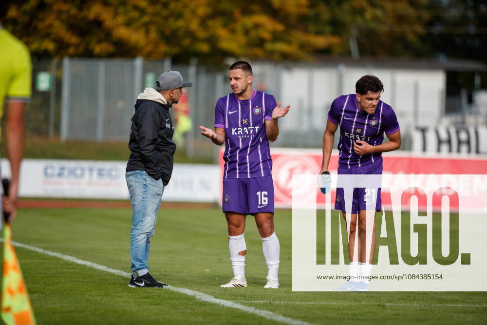 On the left, Aue coach Khvicha Shubitidze talks with Patrick Kapp (Aue), and on the right, Maxim Burghardt (Aue), GER; Greifswalder FC vs. FC Erzgebirge Aue; soccer; men s; Regionalliga Nordost; Matchday 12; 2026–2027 season, October 11, 2026, Greifswald Volksstadion, Mecklenburg-Western Pomerania, Germany
