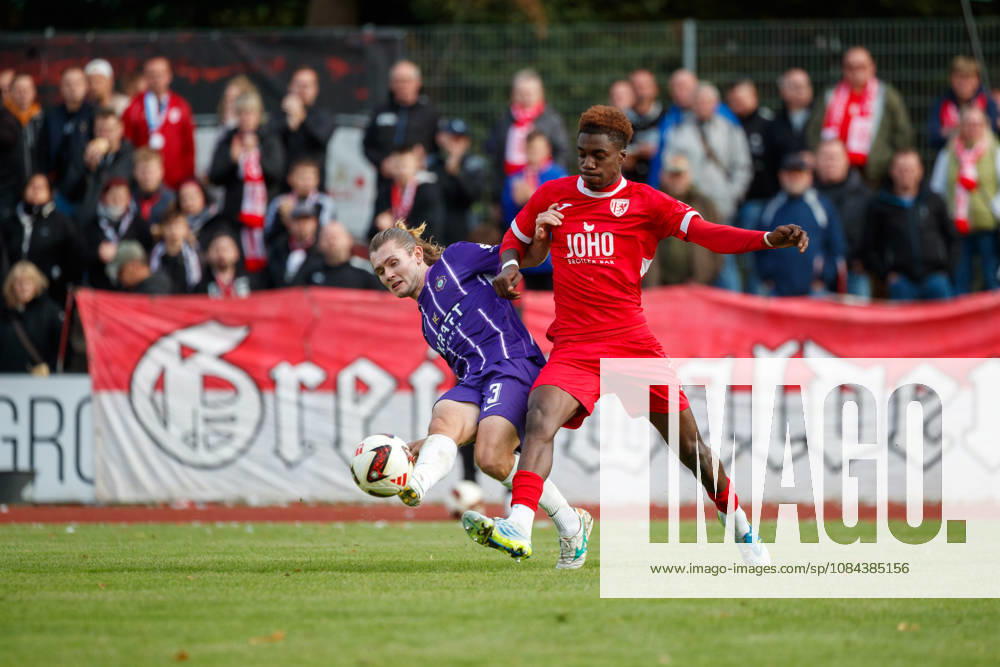Left: Devin Angleberger (Aue) vs. Michael Sternberg (Greifswald), GER; Greifswalder FC vs. FC Erzgebirge Aue; Soccer; Men; Northeast Regional League; Matchday 12; 2026–2027 Season; October 11, 2026, Greifswald Volksstadion, Mecklenburg-Western Pomerania, Germany