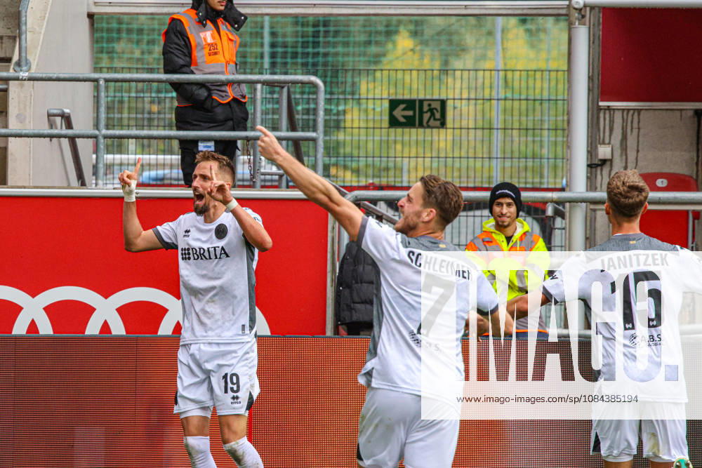 Florian Huebner of SV Wehen Wiesbaden, No. 19, celebrates after scoring the 0-1 goal in the match between FC Ingolstadt 04 and SV Wehen Wiesbaden on October 11, 2026, DFB regulations prohibit any use of photographs as image sequences and or quasi-video. GER, Soccer, 3. Liga, Matchday 8, FC Ingolstadt 04 vs. SV Wehen Wiesbaden, October 11, 2026, Audi Sportpark Ingolstadt