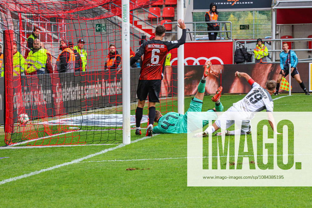 Florian Huebner of SV Wehen Wiesbaden, No. 19, scores here to make it 0–1. Goalkeeper David Klein of FC Ingolstadt 04, No. 47, doesn’t look too good during the match between FC Ingolstadt 04 and SV Wehen Wiesbaden on October 11, 2026, DFB regulations prohibit any use of photographs as image sequences and or quasi-video. GER, Soccer, 3. Liga, Matchday 8, FC Ingolstadt 04 vs. SV Wehen Wiesbaden, October 11, 2026, Audi Sportpark Ingolstadt
