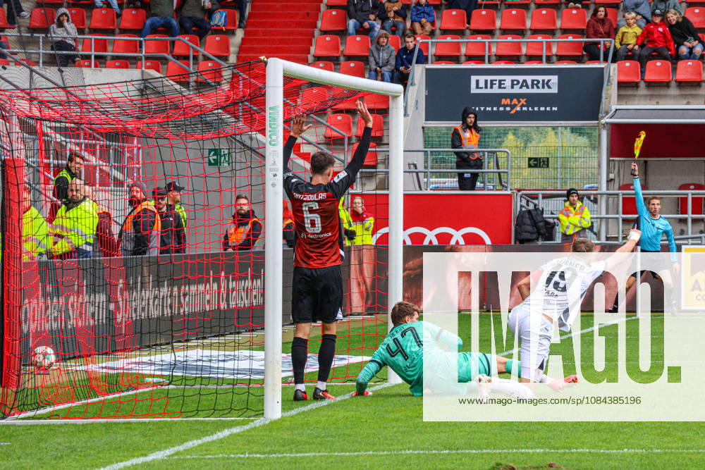 Florian Huebner of SV Wehen Wiesbaden, No. 19, scores here to make it 0–1. Goalkeeper David Klein of FC Ingolstadt 04, No. 47, doesn’t look too good during the match between FC Ingolstadt 04 and SV Wehen Wiesbaden on October 11, 2026, DFB regulations prohibit any use of photographs as image sequences and or quasi-video. GER, Soccer, 3. Liga, Matchday 8, FC Ingolstadt 04 vs. SV Wehen Wiesbaden, October 11, 2026, Audi Sportpark Ingolstadt