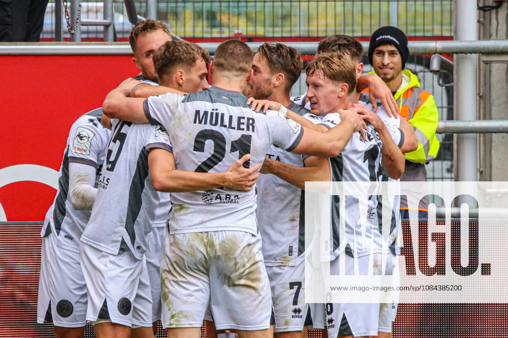 Florian Huebner of SV Wehen Wiesbaden, No. 19, celebrates after scoring the 0-1 goal in the match between FC Ingolstadt 04 and SV Wehen Wiesbaden on October 11, 2026, DFB regulations prohibit any use of photographs as image sequences and or quasi-video. GER, Soccer, 3. Liga, Matchday 8, FC Ingolstadt 04 vs. SV Wehen Wiesbaden, October 11, 2026, Audi Sportpark Ingolstadt