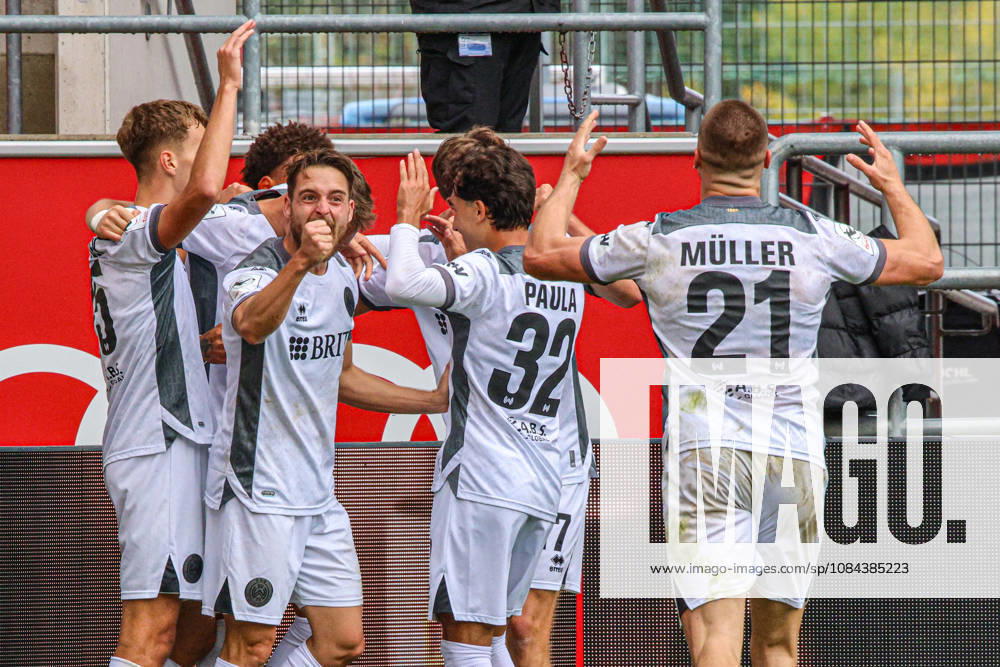 Florian Huebner of SV Wehen Wiesbaden, No. 19, celebrates after scoring the 0-1 goal in the match between FC Ingolstadt 04 and SV Wehen Wiesbaden on October 11, 2026, DFB regulations prohibit any use of photographs as image sequences and or quasi-video. GER, Soccer, 3. Liga, Matchday 8, FC Ingolstadt 04 vs. SV Wehen Wiesbaden, October 11, 2026, Audi Sportpark Ingolstadt