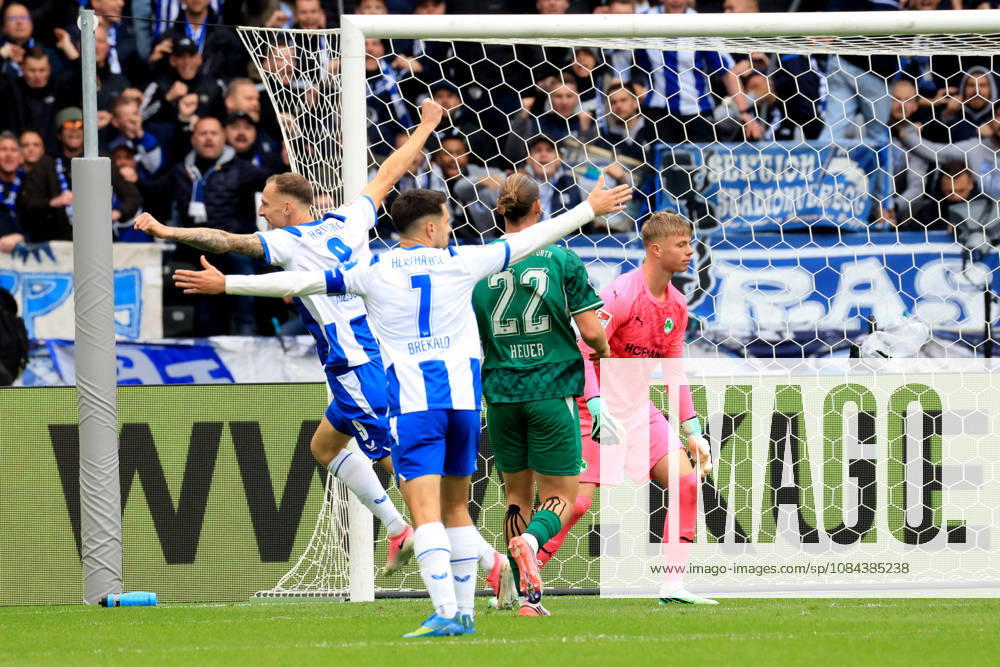 Germany, Soccer, Bundesliga 2, Matchday, 2026–2027 Season, Berlin Olympic Stadium, Hertha BSC vs. Greuther Fürth 1–0 (goal by Mads Pedersen), Hertha BSC Berlin 22, celebration, cheering, joy, happiness, happy, positive emotions, Gustaf Nilsson Hertha BSC Berlin 9, Josip Brekalo Hertha BSC Berlin 7, FLORIAN HELLSTERN Greuther Fürth 1, Jannis Heuer, Greuther Fürth 22, 2. Bundesliga, DFB, DFL regulations prohibit any use of photographs as image sequences and or quasi-video. nordphoto GmbH, Engler, Berlin, Berlin Olympic Stadium, Berlin, Germany
