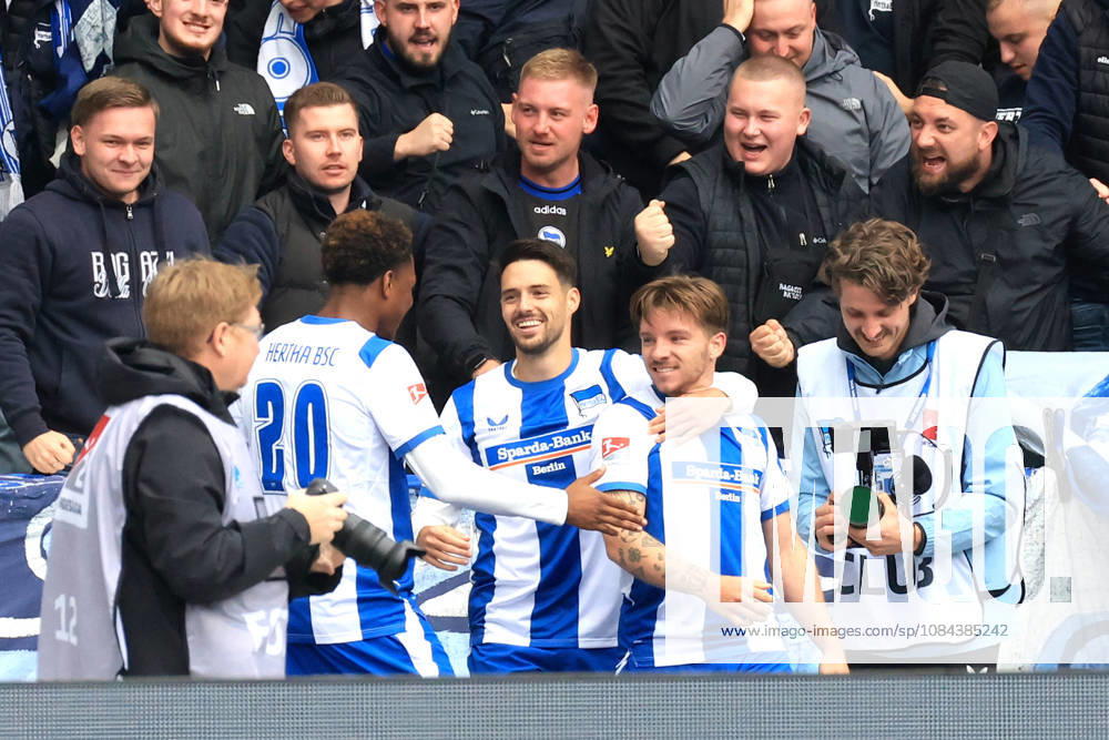 Germany, Soccer, 2. Bundesliga, Matchday, 2026–2027 Season, Berlin Olympic Stadium, Hertha BSC vs. Greuther Fürth 1–0 (goal by Mads Pedersen), Hertha BSC Berlin 22, celebration, cheering, joy, happiness, happy, positive emotions, Josip Brekalo, Hertha BSC Berlin 7, Farid Alfa Ruprecht, Hertha BSC Berlin 20, 2nd Division, DFB, DFL regulations prohibit any use of photographs as image sequences and or quasi-video, nordphoto GmbH, Engler, Berlin, Berlin Olympic Stadium, Berlin, Germany