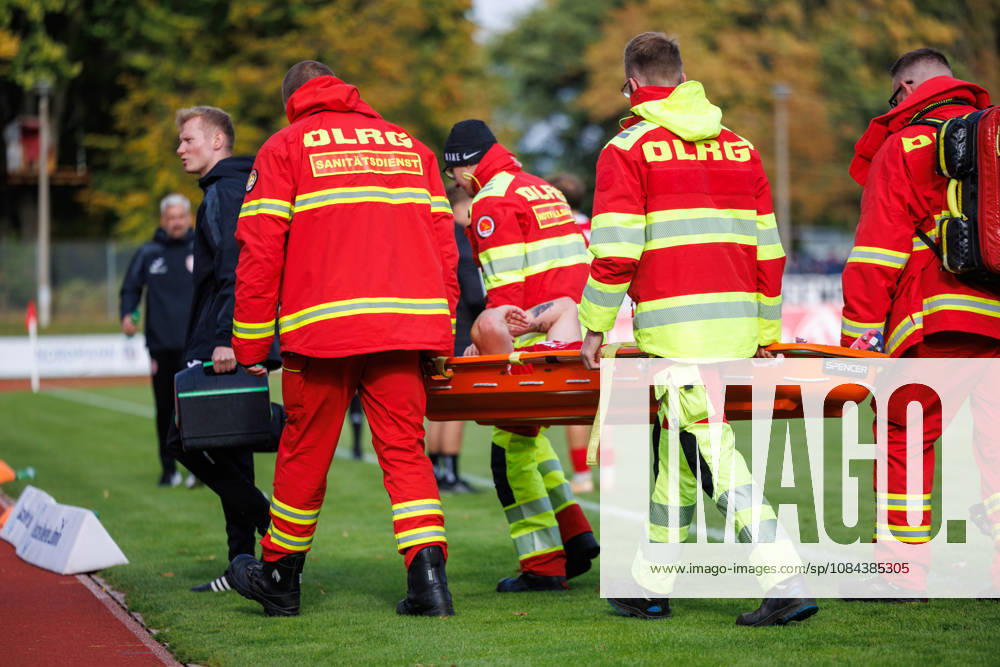 Janis Juckel of Greifswald has to be carried off the field on a stretcher after being injured. GER, Greifswalder FC vs. FC Erzgebirge Aue, Soccer, Men, Northeast Regional League, Matchday 12, 2026–2027 season, October 11, 2026, Greifswald Volksstadion, Mecklenburg-Western Pomerania, Germany