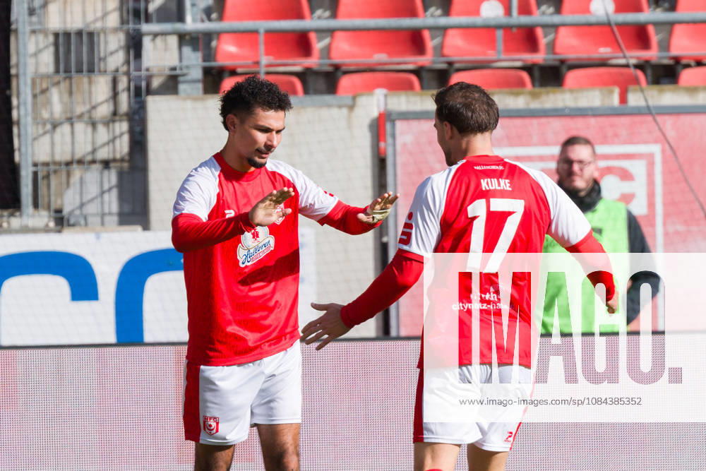 Osman Atilgan (HFC), 10, high-fiving Max Kulke (HFC), 17, after his goal to make it 1–0, Hallescher FC vs. RSV Eintracht 1949, Soccer, Northeast Regional League, Matchday 12, 2026–27 season, October 11, 2026, Halle Leuna Chemie Stadium, ST Deutschland