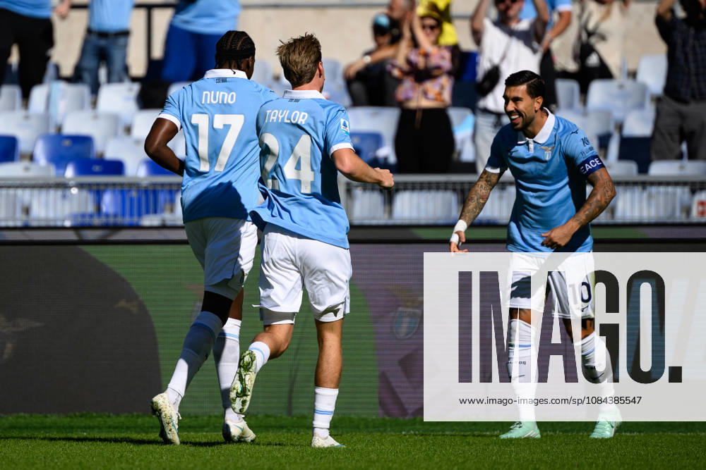 Nuno Tavares of SS Lazio celebrates with Kenneth Taylor and Mattia Zaccagni after scoring the goal of 1-0 during the Serie A 2026 2027 football match between SS Lazio and AC Monza at Stadio Olimpico in Rome (Italy), October 11, 2026. AndreaxStaccioli