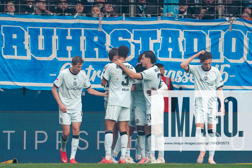 Germany Soccer 2. Bundesliga 2026–2027, Matchday 7: VfL Bochum vs. Arminia Bielefeld at Vonovia Ruhrstadion in Bochum—Goals and goal celebrations: Benjamin Boakye (Arminia Bielefeld), 27; Joel Felix (Arminia Bielefeld), 3