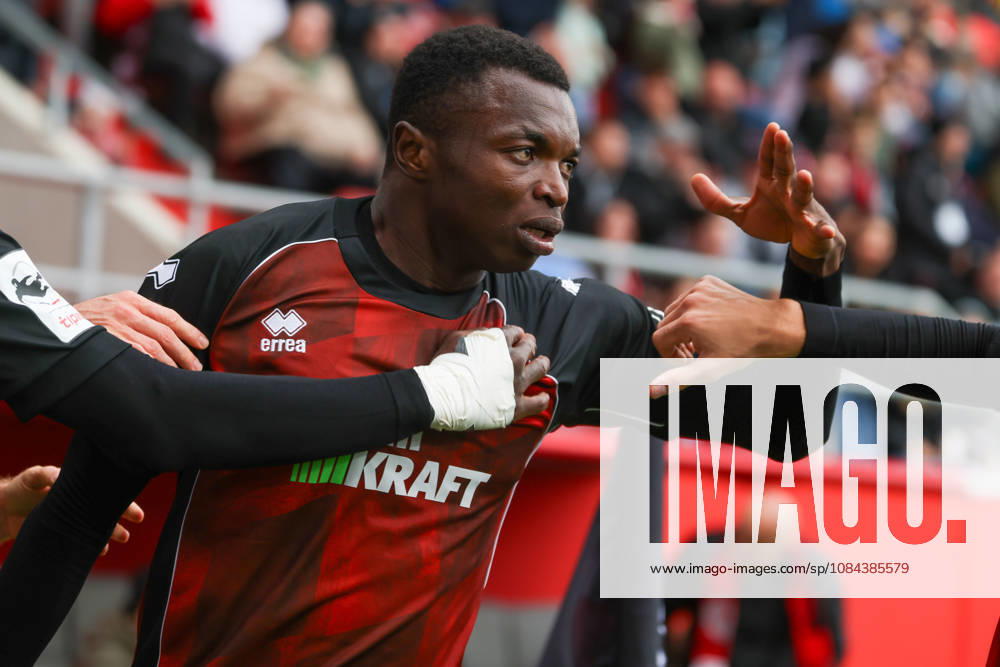 Ingolstadt, Germany, October 11, 2026, 3rd League 2026–2027, Matchday 8: FC Ingolstadt 04 vs. SV Wehen Wiesbaden. Pictured: Goal scorer Obed Ugondu. FCI celebrates after his goal to tie the game at 2–2. DFB and DFL regulations prohibit any use of photographs as image sequences and or quasi-video
