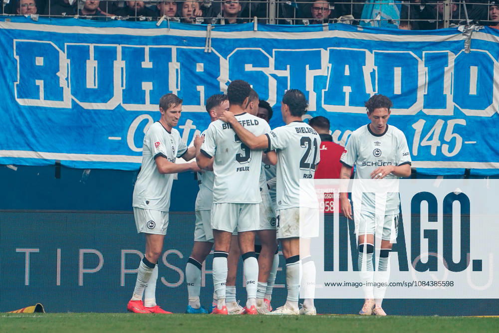 Germany Soccer 2. Bundesliga 2026–2027, Matchday 7: VfL Bochum vs. Arminia Bielefeld at Vonovia Ruhrstadion, Bochum—Goals and goal celebrations: Benjamin Boakye (Arminia Bielefeld), 27; Joel Felix (Arminia Bielefeld), 3; Stefano Russo (Arminia Bielefeld), 21