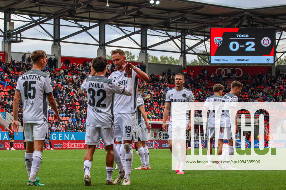 Raul Paula of SV Wehen Wiesbaden, No. 32, scores to make it 0–2 and rightfully celebrates with Florian Huebner of SV Wehen Wiesbaden, who scored the first goal (1–0), No. 19, during the match between FC Ingolstadt 04 and SV Wehen Wiesbaden on October 11, 2026, DFB regulations prohibit any use of photographs as image sequences and or quasi-video. GER, Soccer, 3. Liga, Matchday 8, FC Ingolstadt 04 vs. SV Wehen Wiesbaden, October 11, 2026, Audi Sportpark Ingolstadt