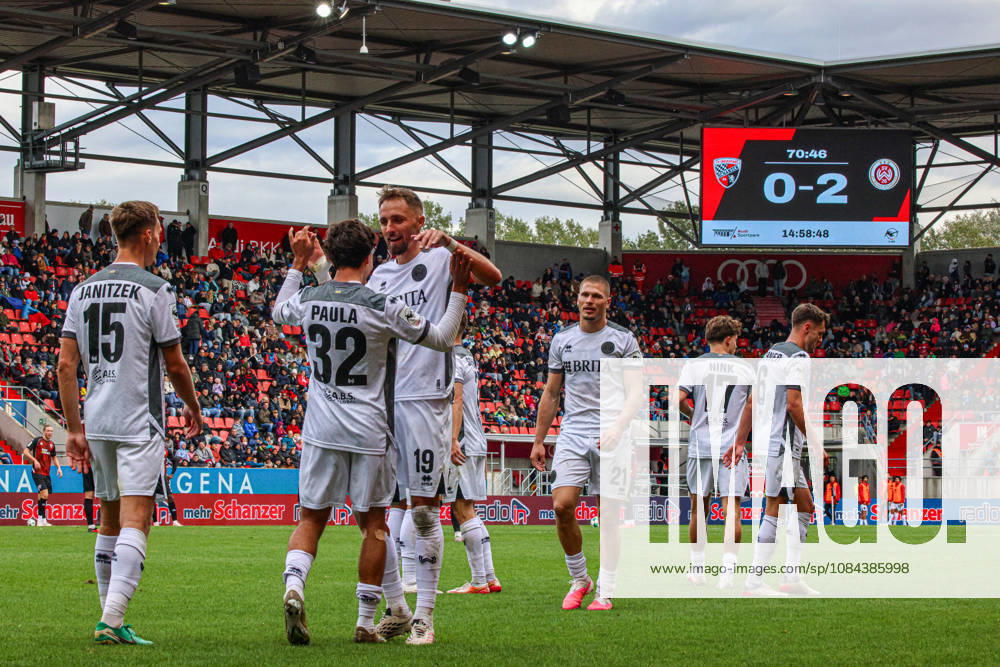Raul Paula of SV Wehen Wiesbaden, No. 32, scores to make it 0–2 and rightfully celebrates with Florian Huebner of SV Wehen Wiesbaden, who scored the first goal (1–0), No. 19, during the match between FC Ingolstadt 04 and SV Wehen Wiesbaden on October 11, 2026, DFB regulations prohibit any use of photographs as image sequences and or quasi-video. GER, Soccer, 3. Liga, Matchday 8, FC Ingolstadt 04 vs. SV Wehen Wiesbaden, October 11, 2026, Audi Sportpark Ingolstadt