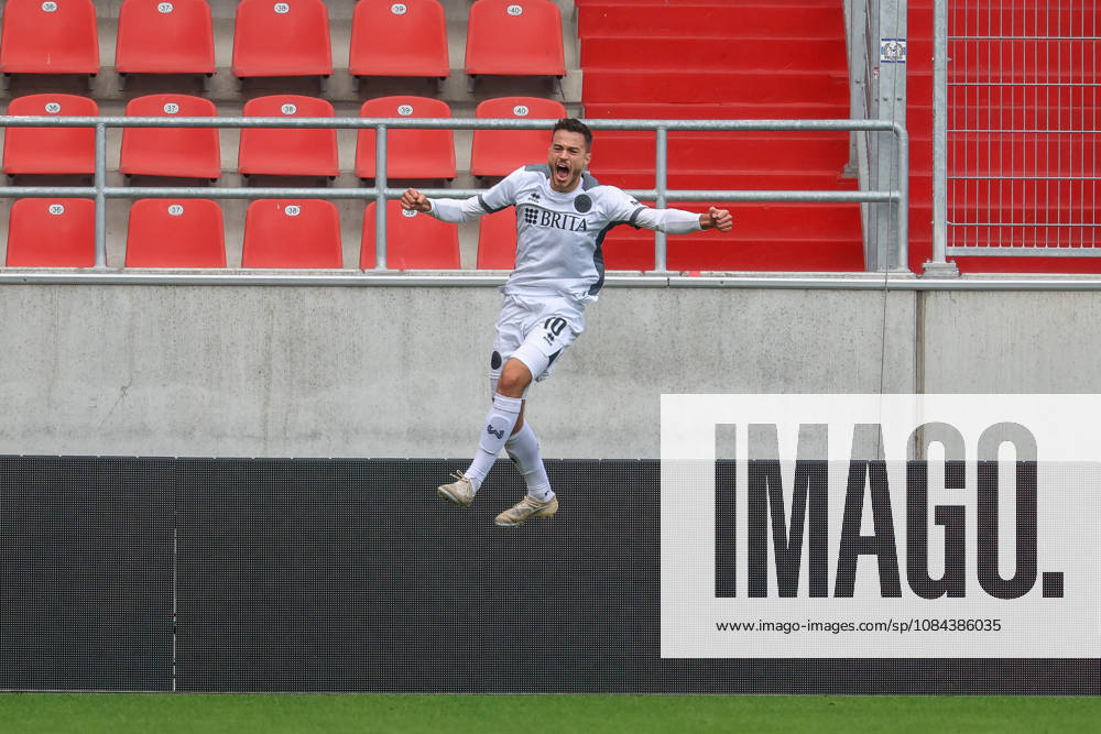 Ingolstadt, Germany, October 11, 2026, 3rd League 2026–2027, Matchday 8: FC Ingolstadt 04 vs. SV Wehen Wiesbaden. Pictured: Goal scorer Robin Kalem. SVWW celebrates after his goal to make it 2–3. DFB and DFL regulations prohibit any use of photographs as image sequences and or quasi-video