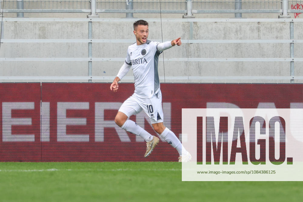 Ingolstadt, Germany, October 11, 2026, 3rd League 2026–2027, Matchday 8: FC Ingolstadt 04 vs. SV Wehen Wiesbaden. Pictured: Goal scorer Robin Kalem. SVWW celebrates after his goal to make it 2–3. DFB and DFL regulations prohibit any use of photographs as image sequences and or quasi-video