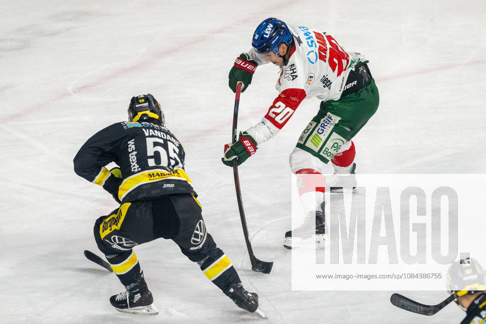 Face-off between Davis Vandane of the Krefeld Pinguine, 55, and Philipp Krauss of the Augsburger Panther, 20; Krefeld Pinguine vs. Augsburger Panther, ice hockey, Penny DEL, Matchday 8, 2026–2027 season, October 11, 2026, Krefeld Pinguine vs. Augsburger Panther, ice hockey, Penny DEL, Matchday 8, 2026–2027 season, October 11, 2026, Krefeld